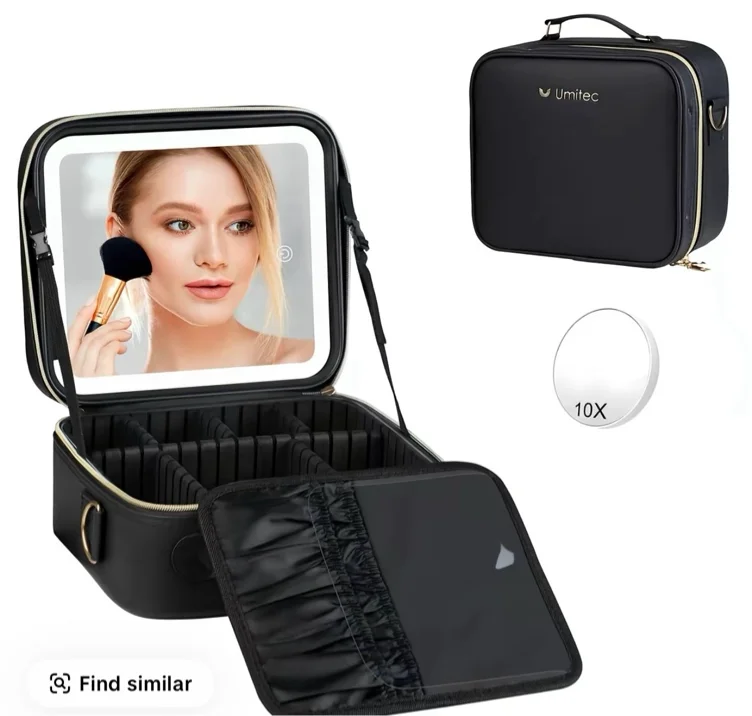 Makeup Bag with 3 Color Led Mirror, PU Leather Travel Cosmetic Bag Makeup Organizer Bag, Portable Makeup Case Adjustable Dividers Storage Box, Gift