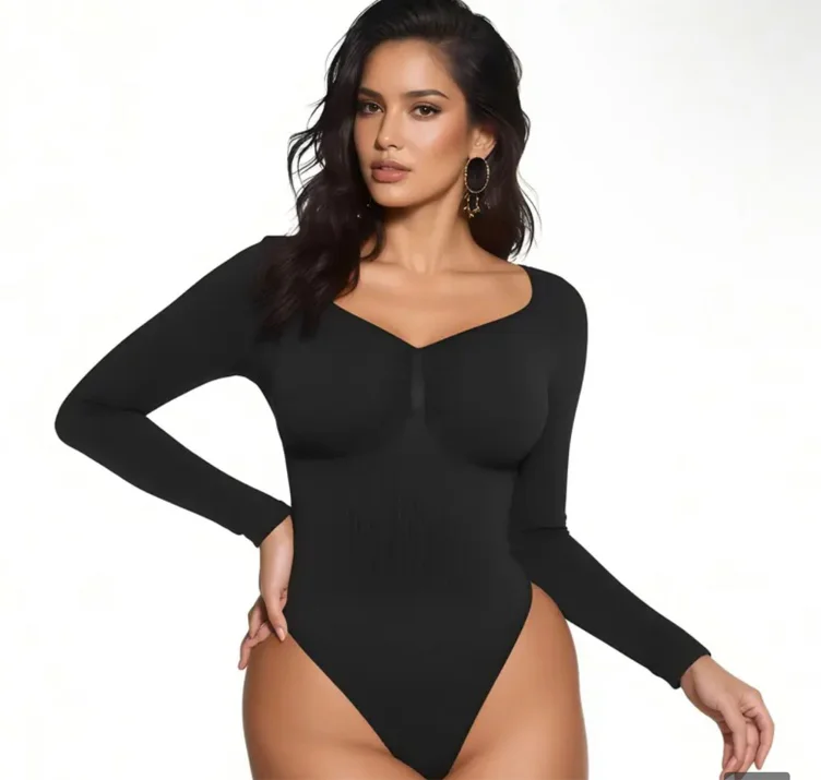 Women’s Seamless Shaping Bodysuit – Long Sleeve V-Neck Tummy | Holiday Sales TikTok Shop- Black