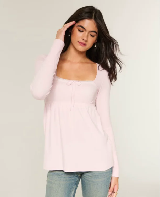 Easy Lace Trim Long-Sleeve Babydoll Top