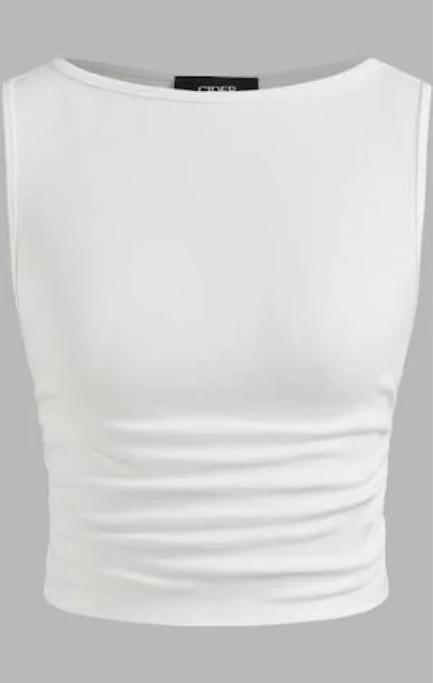 CIDER Boat Neck Ruched Solid Crop Tank Top: White, S