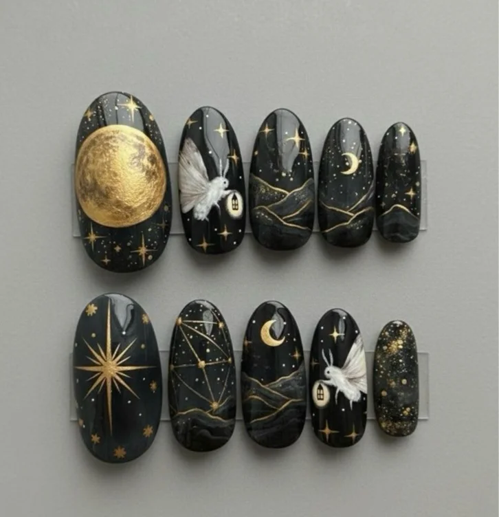 Celestial Night Magic Press On Nails, Monarch Butterfly Nail Art, Gold Moon Stars Galaxy Nails, Hand-Painted Witchy Celestial Nails