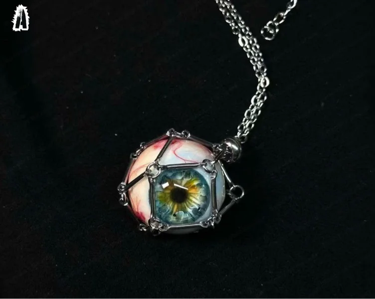 Realistic Eyeball Pendant, Geometric Cage Necklace, Gothic Horror Jewelry