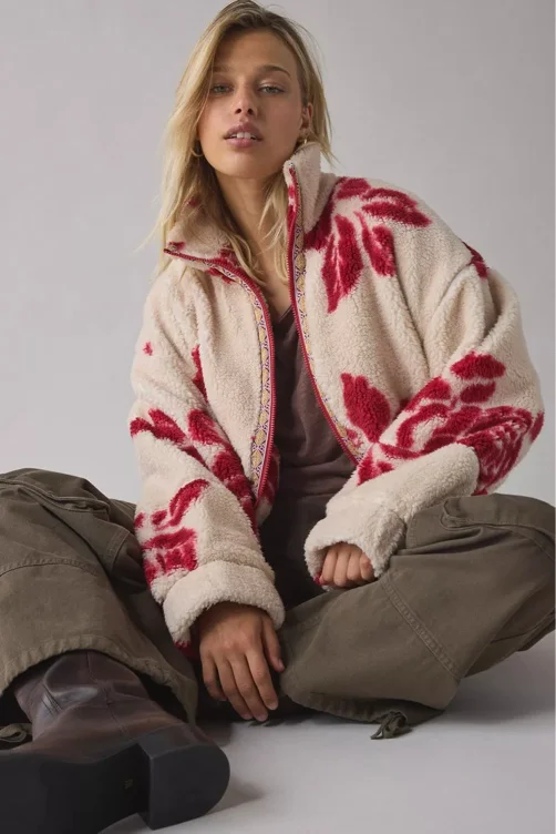 BDG Mae Printed Piled Fleece Zip-Up Jacket