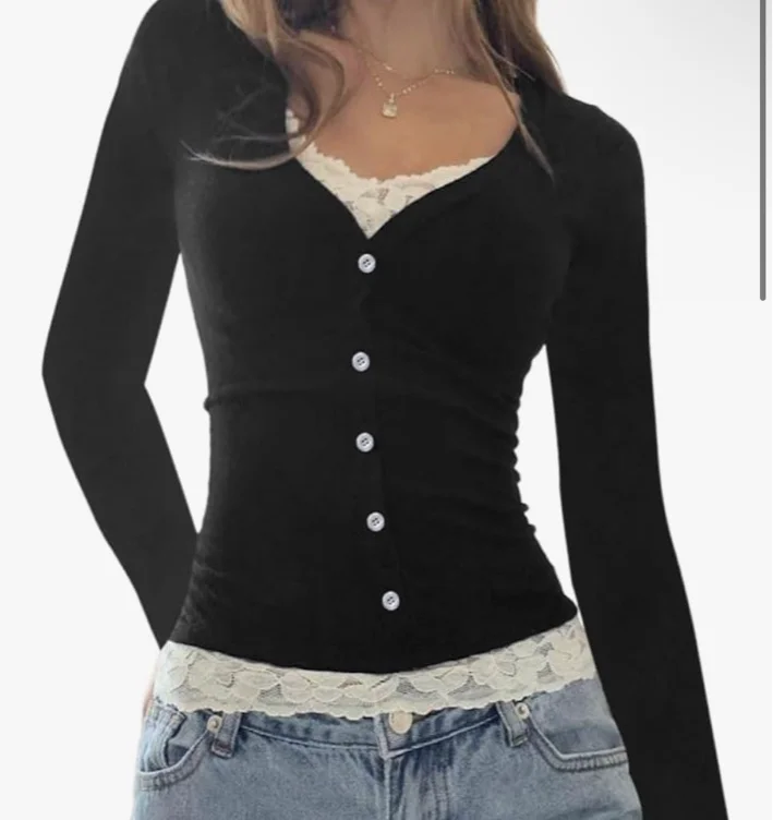 Women's Colorblock Contrast Lace Hem Button Decor T-Shirt, Casual Slim Sweetheart Neck Long Sleeve Pullover Top (US, Alpha, Small, Regular, Regular, Black) at Amazon Women’s Clothing store