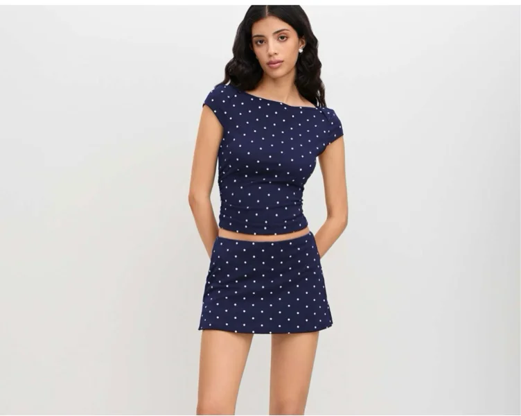 Knit Fabric Cotton-blend Boat Neck Polka Dot Ruched Tee & Mini Skort For Daily Casual
