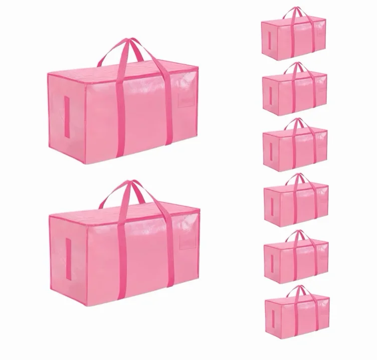 8 Pack-Extra Large Heavy Duty Moving Bags - Waterproof Storage Totes with Handles & Zippers, Foldable for College Dorm, Storage (Pink)