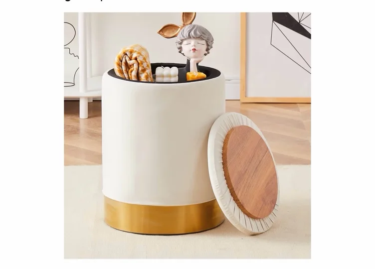 Velvet Storage Ottoman Multipurpose Footrest Stool with Metal Base Modern Round Vanity Stool Chair Ottoman Foot Stools Support 300 lbs Padded Seat for Living Room (Cream (Velvet))