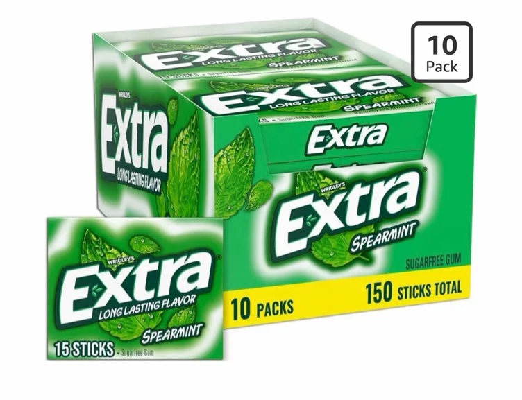 Extra Gum Spearmint Sugarfree Gum Bulk, Individually Wrapped, Perfect for Long Lasting Fresh Breath at School, Work & Travel 15 Count, Pack of 10