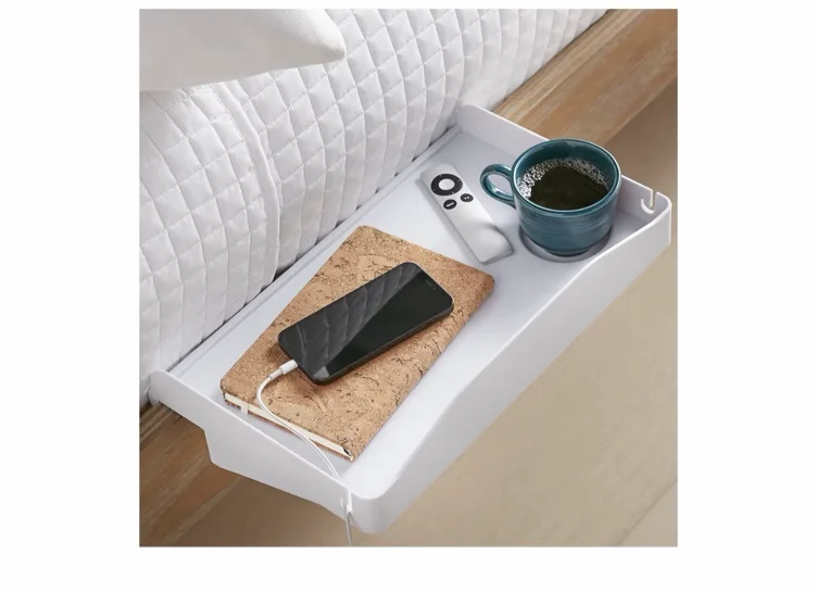 Modern Innovations Bedside Shelf for Bed, College Dorm Room, Bunk Bed Shelf/Caddy for Top Bunk, Clip On Nightstand Tray with Cord and Cup Holder for Table Storage (White)