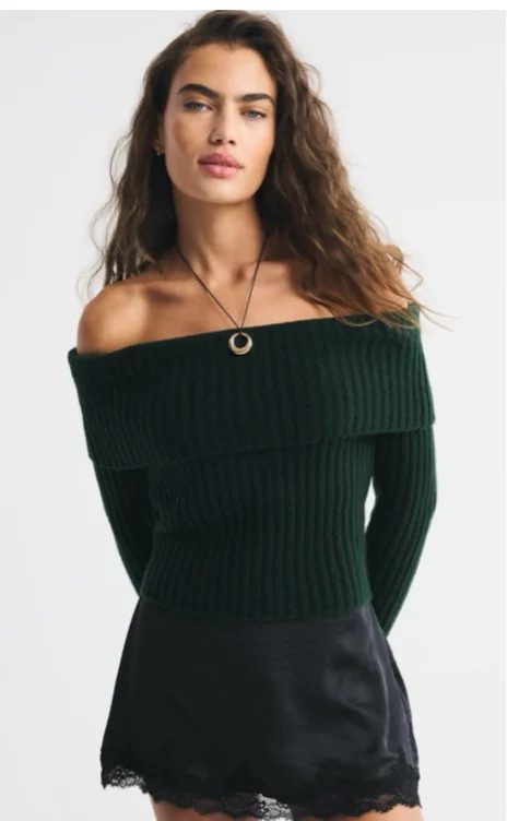 Ribbed Foldover Off-The-Shoulder Sweater