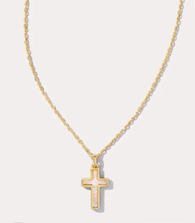 Cross Gold Pendant Necklace in White Lab Grown Opal