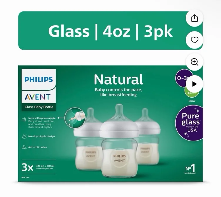 Philips Avent Natural Glass Baby Bottles with Natural Response Nipples (Slow Flow, Flow 2), 4oz, 3-Pack, SCY910/03