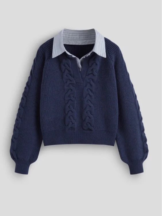 Cable Knit Collar Two Tone Long Sleeve Top