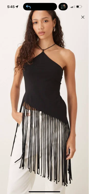 ASOS DESIGN fringe longline halter neck top in black
