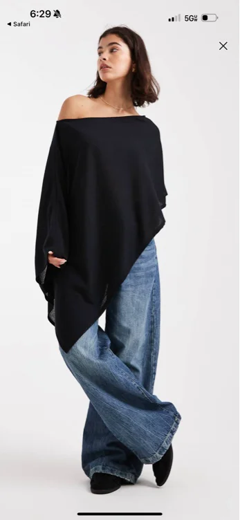 ASOS DESIGN semi sheer knit-look asymmetric one shoulder cape in black