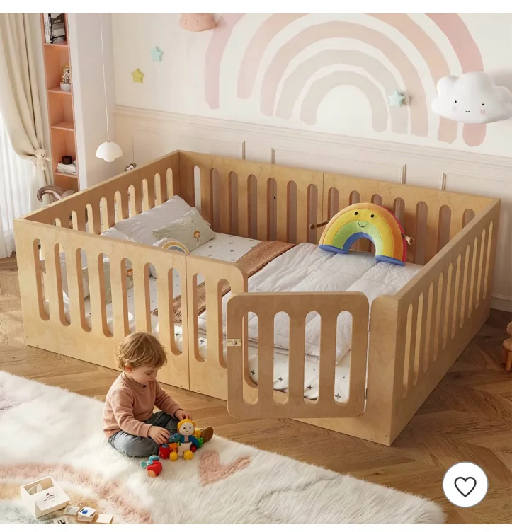 Bellemave Full Floor Bed with High Fence,Solid Wood Floor Bed Frame with Door , Montessori Bed for Kids,No Box Spring Needed, Natural