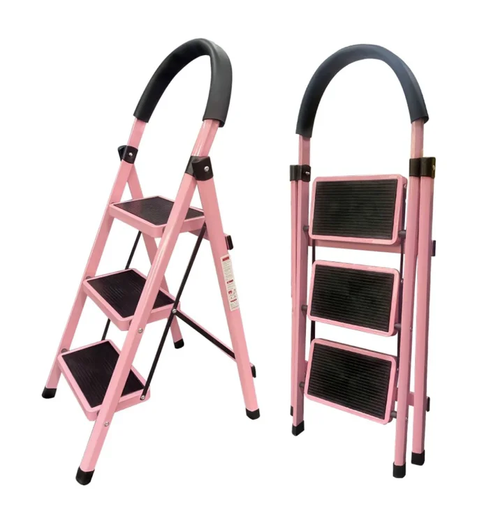 Qingsen 3 Step Ladder Folding Step Stool, 220lb Load Capacity & Steel Wide Anti-Slip Pedals, Multi-Use Sturdy Step Ladder for Home Kitchen, Pink