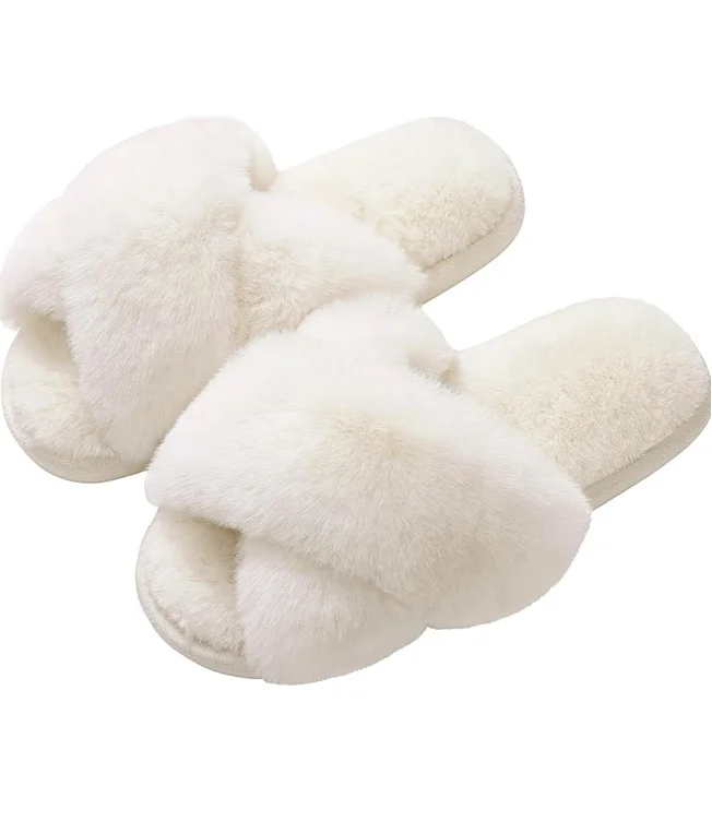 Evshine Women's Fuzzy Slippers Cross Band Memory Foam House Slippers Open Toe