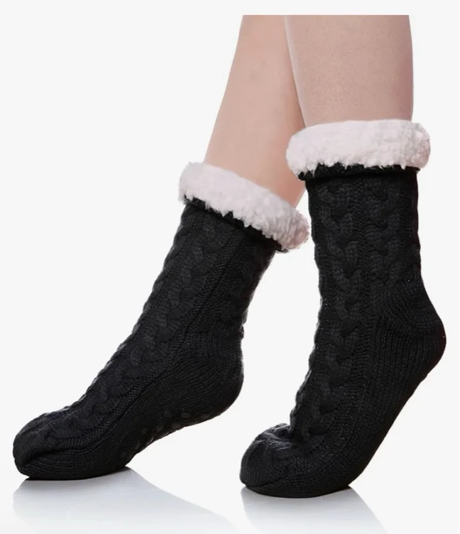 SDBING Women's Winter Super Soft Warm Cozy Fleece Lined Fuzzy Slipper Socks with Grippers (Black, 6-10) at Amazon Women’s Clothing store