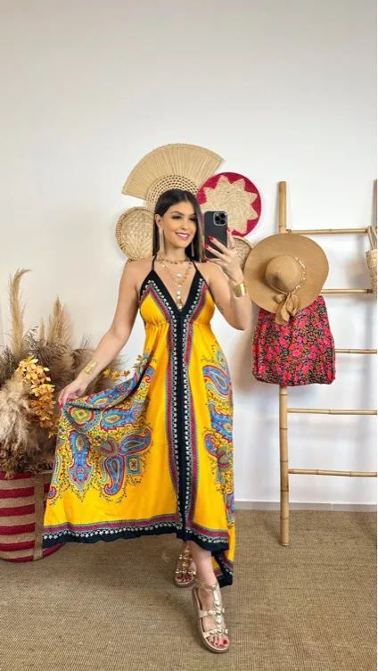 Vestido Indiano Longo Boho Costas Nadador com Alcinha, Toque de Seda - Hazel