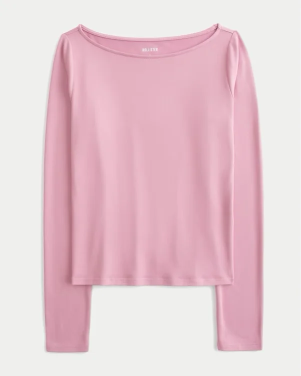 Long-Sleeve Seamless Fabric Slash-Neck Top