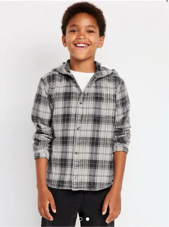 Long-Sleeve Plaid Washed Flannel Hooded Shirt for Boys