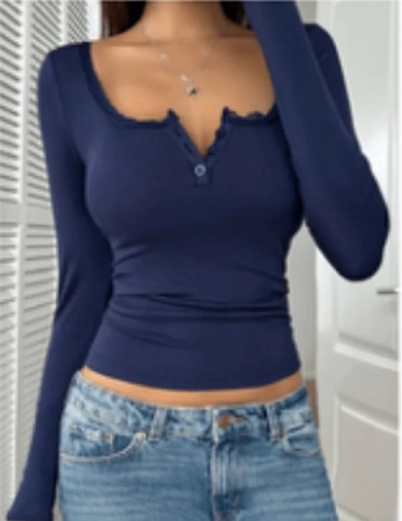 cross border thread lace button v neck base layer versatile - Temu