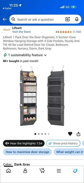 Amazon.com: Lifewit 1 Pack Over the Door Organizer, 5 Section Clear Window Hanging Storage with 4 Side Pockets, Sturdy Anti Tilt 40 lbs Load Behind Door for Closet, Bedroom, Bathroom, Nursery, Dorm, Dark Gray : Baby