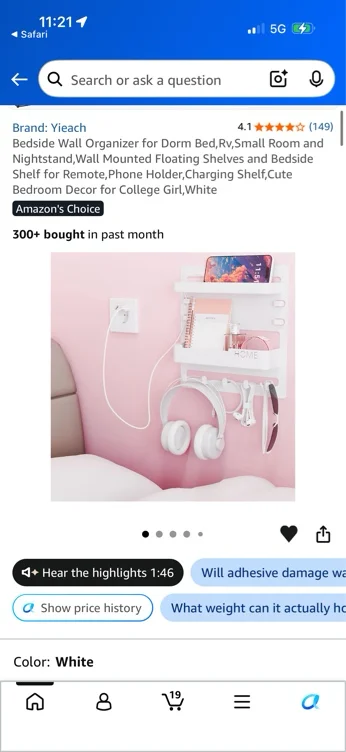 Amazon.com: Yieach Bedside Wall Organizer for Dorm Bed,Rv,Small Room and Nightstand,Wall Mounted Floating Shelves and Bedside Shelf for Remote,Phone Holder,Charging Shelf,Cute Bedroom Decor for College Girl,White : Home & Kitchen
