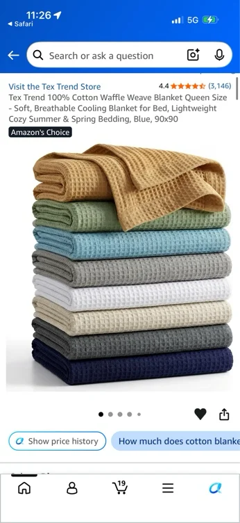 Amazon.com: Tex Trend 100% Cotton Waffle Weave Blanket Queen Size - Soft, Breathable Cooling Blanket for Bed, Lightweight Cozy Summer & Spring Bedding, Blue, 90x90 : Home & Kitchen