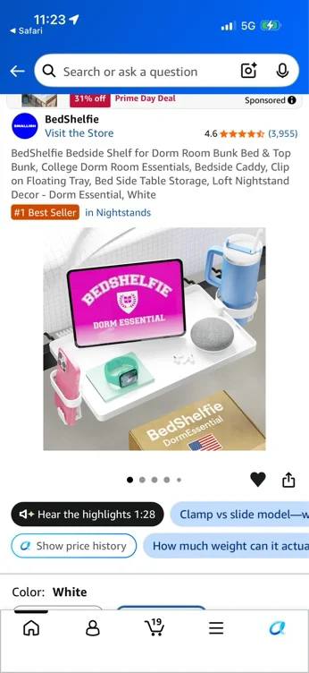 Amazon.com: BedShelfie Bedside Shelf for Dorm Room Bunk Bed & Top Bunk, College Dorm Room Essentials, Bedside Caddy, Clip on Floating Tray, Bed Side Table Storage, Loft Nightstand Decor - Dorm Essential, White : Home & Kitchen