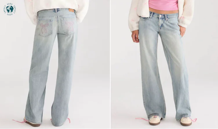 Super Low-Rise Baggy Wide Leg Rhinestone Bow Jean