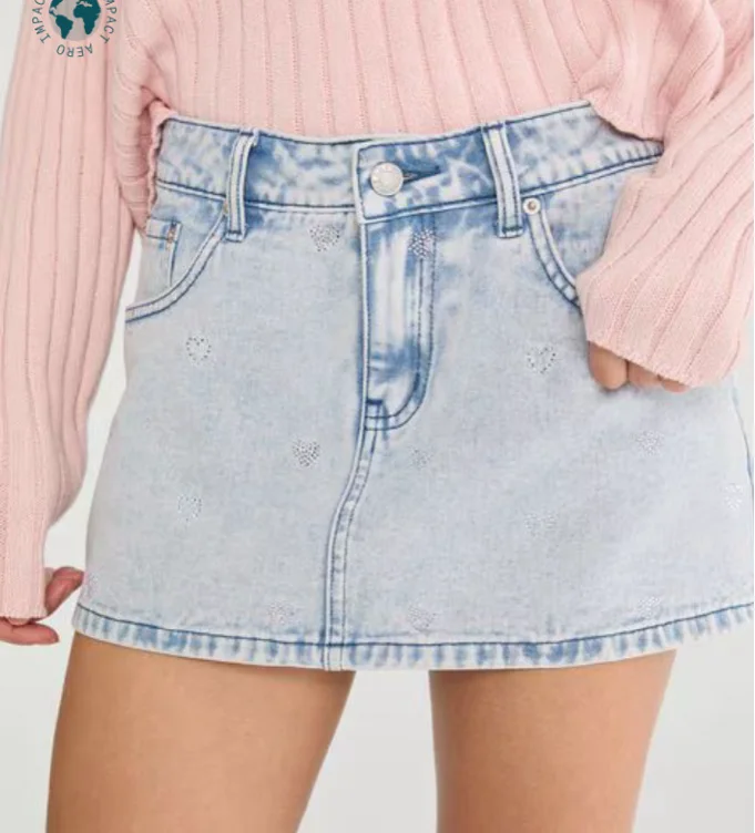 Rhinestone Hearts Low-Rise Denim Mini Skirt