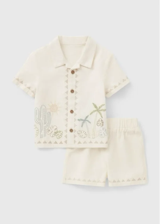 Baby Cream Embroidered Island Shirt & Short Set (0-23mths)