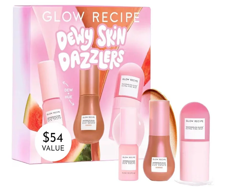 Amazon.com: Glow Recipe Dewy Skin Dazzlers Travel Size Gift Set - Niacinamide Dew Drops Face Serum + Hue Drops Bronzing Serum + Watermelon Glow Ultra-Fine Hydrating Face Mist (3 Count) : Beauty & Personal Care