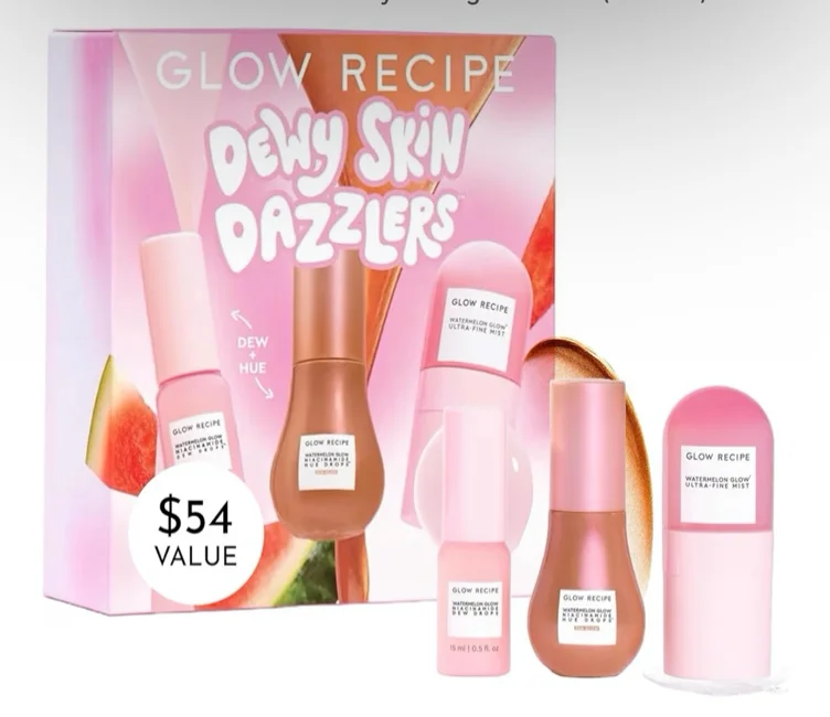 Glow Recipe Dewy Babies Travel Skincare Set - Plum Plump Hyaluronic Acid Serum + Dewy Flush Tinted Blush Drops + Pink Juice Face Moisturizer + Bronzing Hue Drops + Ultra Fine Facial Mist (5 Count)