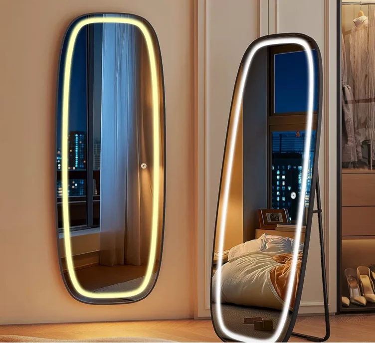 Hzuaneri LED Pedestal Mirror, 160 x 50 cm, Standing Mirror with Stand, Wall Mirror, 3 Light Colours, Adjustable Brightness, for Bedroom, Living Room, Black DM41801B : Amazon.fr: Home & Kitchen