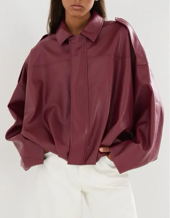 Casaco Bomber Efeito Pele, Mulher, Vermelho Escuro