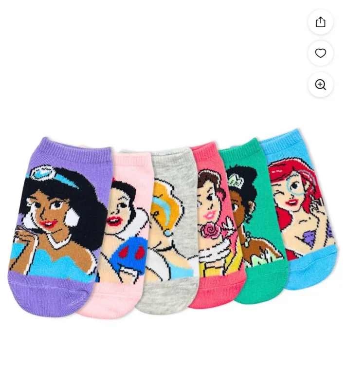 Disney Princess Girls No-Show Socks, 6-Pack, Sizes S/M-M/L