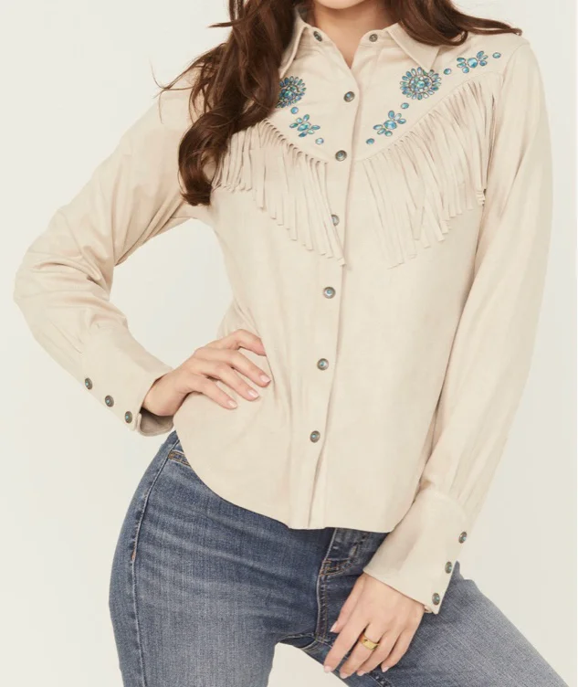 Shyanne Women's Embellished Faux Suede Long Sleeve Fringe Top | Boot Barn