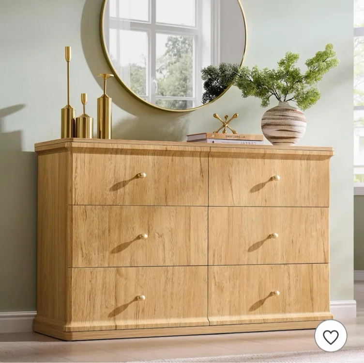 6 Drawers Dresser, Modern Wood Dresser Chest with Gold Handles, Curved Waterfall Design, Wood Storage Cabinet for Bedroom, Living Room, natural