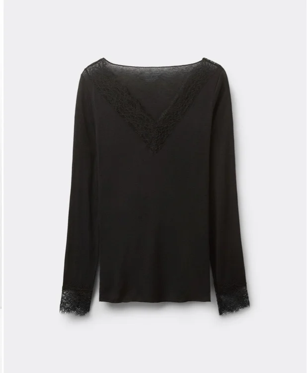 T-shirt manches longues en cachemire et dentelle