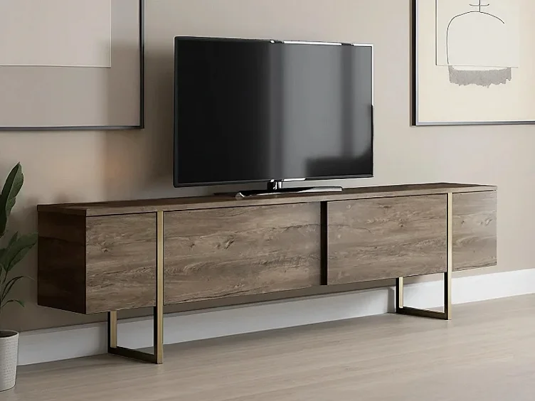 Tv-meubel met 2 deurtjes - Beige travertijnlook en goudkleurig - ZIRELDA