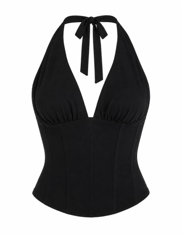 Plunge Halter Mesh Corset Top