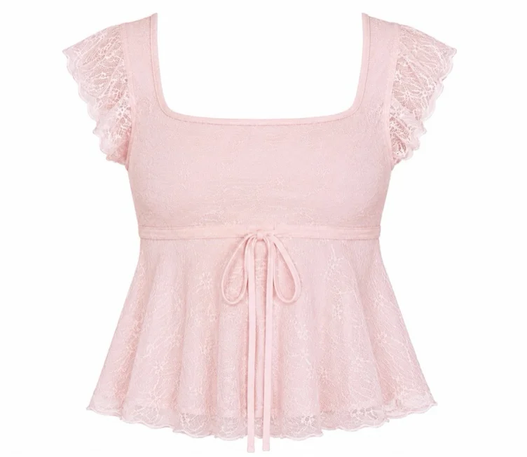 Women Y2k Lace Shirts Teen Girl Cute Short Sleeve Tees Babydoll Top Summer Crop Blouse Going Out Streetwear