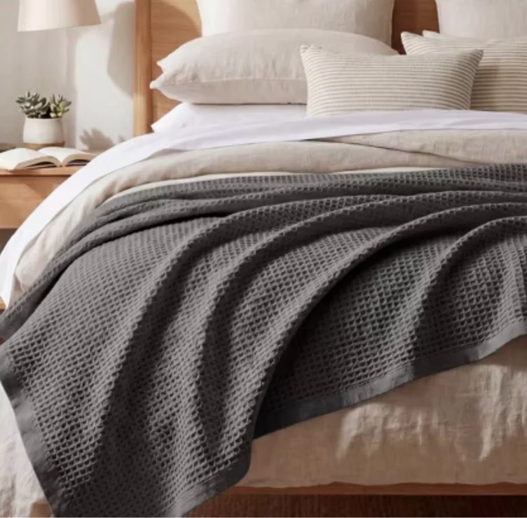 Bedsure Light Beige Queen Cotton Waffle Blanket - 100% Cotton, Cooling Breathable for Master Bedroom, 90x90