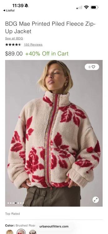 BDG Mae Printed Piled Fleece Zip-Up Jacket