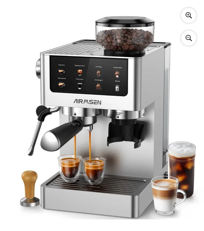 AIRMSEN Espresso Machine with Grinder, Espresso Coffee Machine with Customized Grind Amount & Coffee Volume, Cold Brew Coffee Maker for Cappuccino Latte Americano, Brushed Stainless Steel