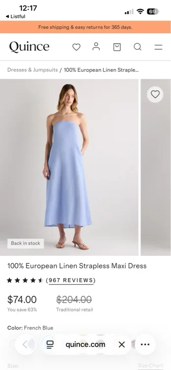 100% European Linen Strapless Maxi Dress in French Blue