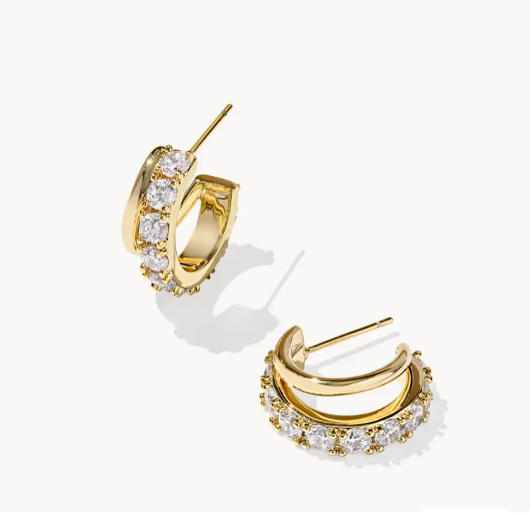 Livy Gold Huggie Earrings in White Crystal